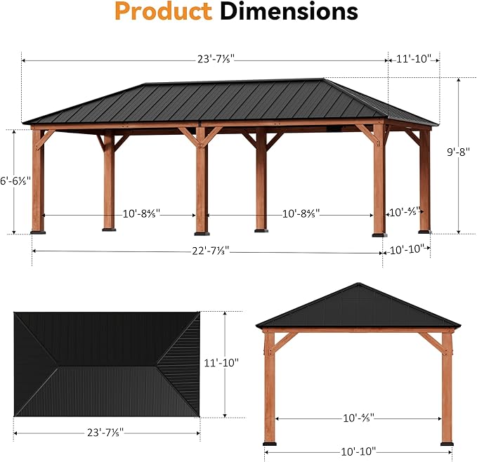 Modern Shade Tranquil Grove Wood Gazebo 12' x 24', Grill Gazebo with Galvanized Steel Roof, Mosquito Netting and Curtains, Permanent Hardtop Pavilion with Sturdy Hooks for Garden, Backyard