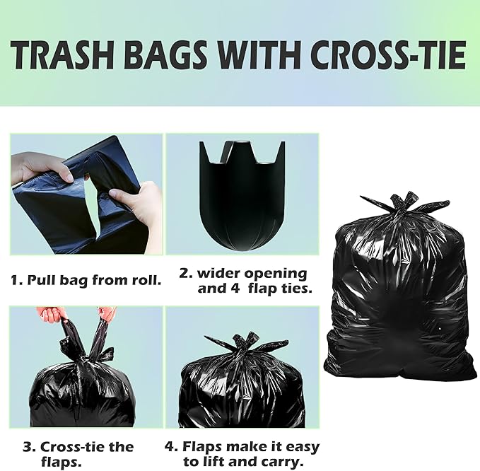 55-60 Gallon Trash Bags Heavy Duty 60 Count Bulk with 4 Innovative Flap Ties | Compatible with Rubbermaid Brute & Winco & Behrens 55-60 Gallon Round Trash Can | Tear & Leak Resistant Black