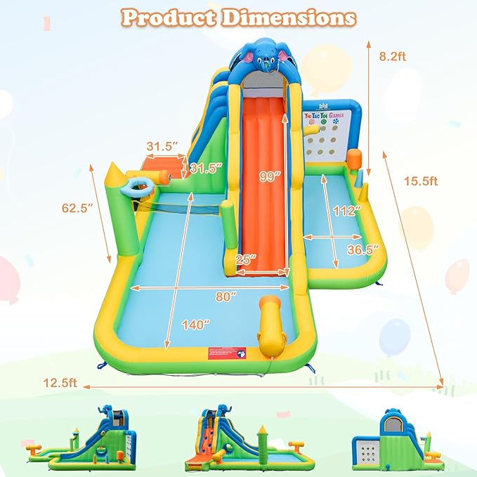 BOUNTECH Inflatable Water Slide, Elephant Surfing Slide Kids Water Park Jump Bouncy Castle w/2 Splash Pools, Hide & Seek Cave, Outdoor Water Slides Inflatables for Big Kids Backyard Party Gifts