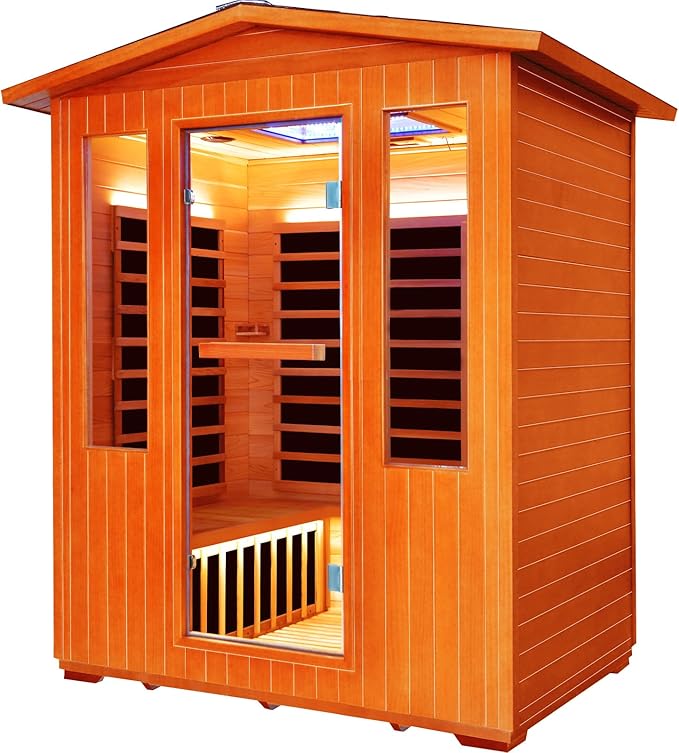 Outdoor Sauna 4 Person Infrared Saunas Outdoor Dry Sauna Room Wood Wooden Sauna Canadian Fir Red Cedar Low EMF 2600W/240V with Oxygen Bar, 7 Color Light, Control Panel, Speaker - 62.2" x 46.9" x 81.9"