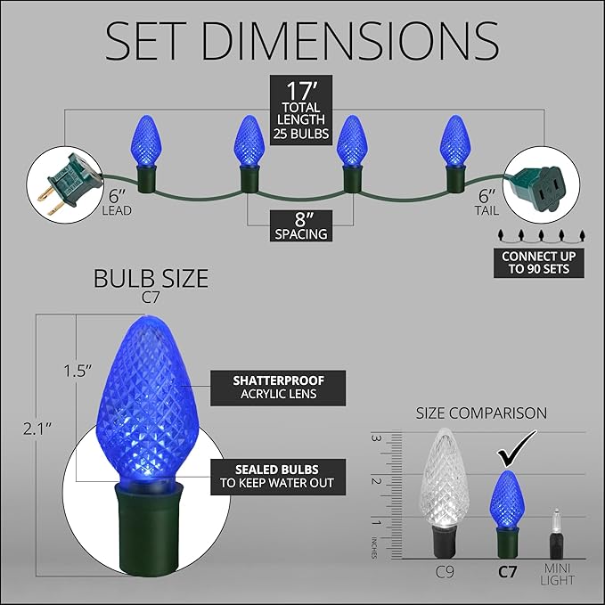 C7 LED Faceted Blue Prelamped Light Set, Green Wire - 25 C7 Blue LED Christmas Lights, 8" Spacing