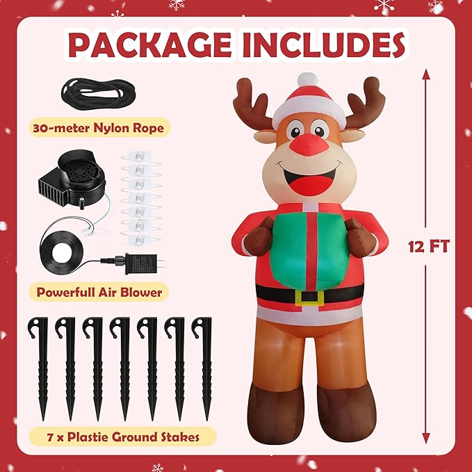 12ft Christmas Inflatable Yard Decor Build-in LED Outdoor Blow up Christmas Decorations for Yard/Lawn/Garden (12ft Reindeer)