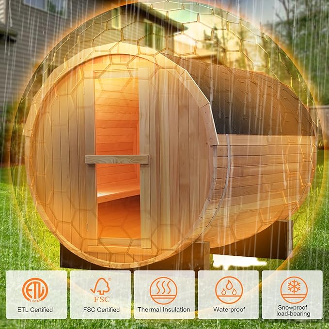 Outdoor Barrel Steam Sauna, 4-6 Person Wood Sauna Room with 6kw Toule Electric Heater with Sauna Stone, Canadian Red Cedar Wooden Sauna, Sauna Accessories and Asphalt Shingle Roof (Red Cedar)
