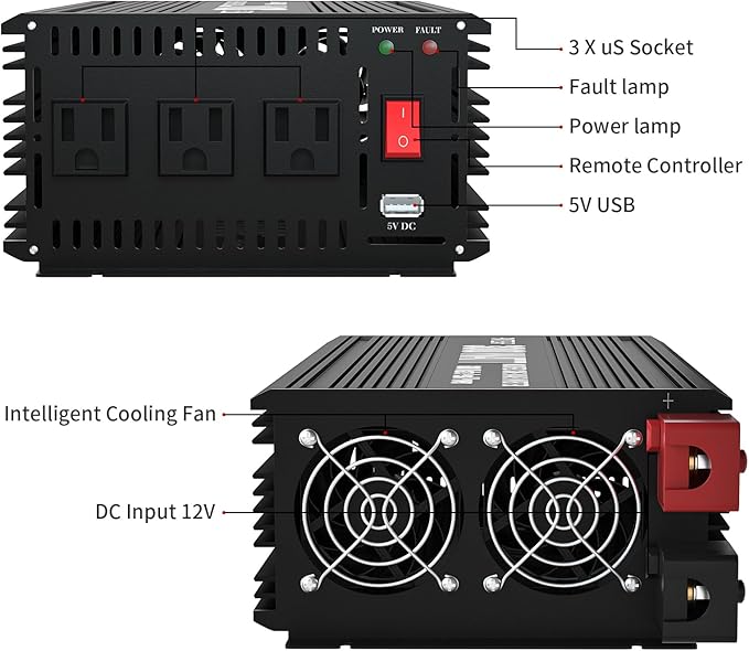Power Inverter 3000 Watt, Power Converter 3000W DC 12V to 110V AC Car Inverter with 2.4A USB Ports 3 AC Outlets, Black