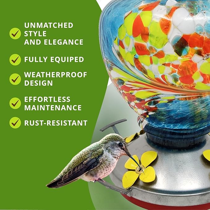 Nature Gear Hummingbird Feeder, Hanging-Mount Glass Hummingbird Feeders for Outdoors, Hand-Blown Glass Feeder with Ant Moat for Garden Hummingbirds, Easy to Clean & Rust Resistant, Blue Burst