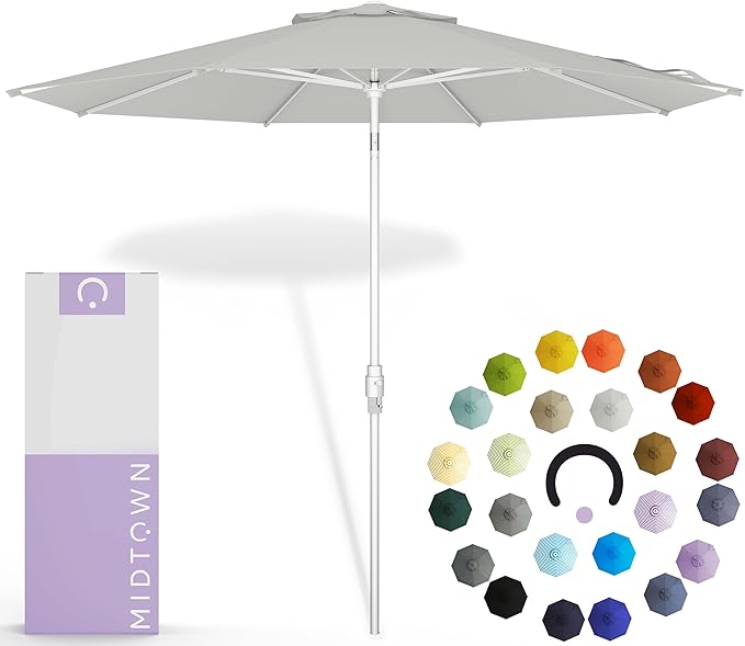 Midtown Umbrellas The Swilt 10 Feet Patio Umbrella in Terylast Off Cream (Off White) Polyester Fabric - Fiberglass Ribs, Auto-Tilt Aluminum Frame For Backyard, Deck, Garden, Pool - White Pole