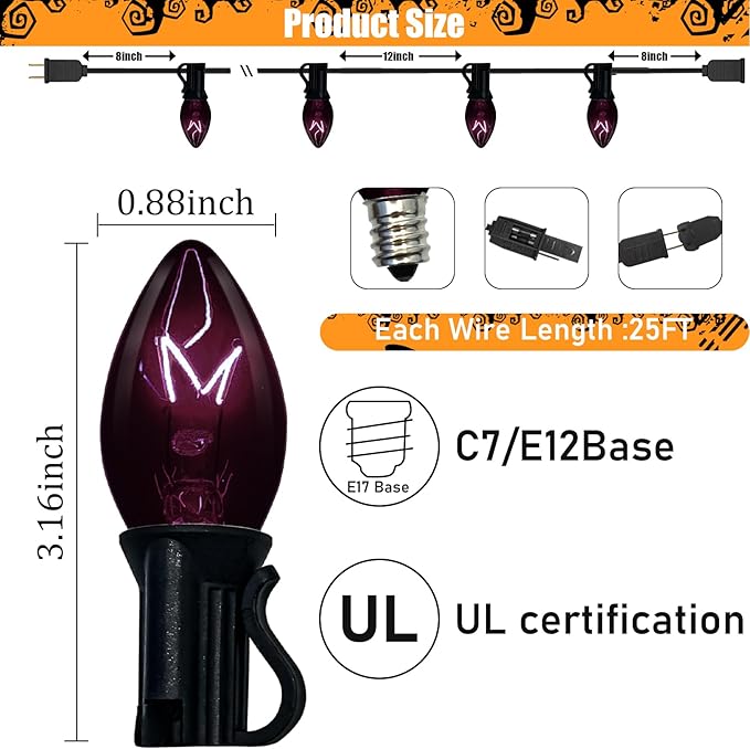 C7 String Lights,25FT Black Halloween Christmas String Lights for Outdoor Indoor Use,25 Clear C7 Black Bulbs String Light-Black Wire