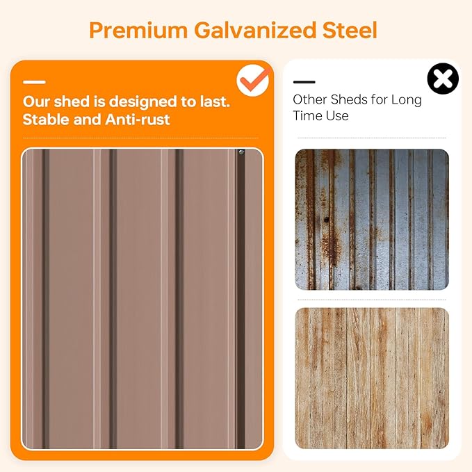 10x8 FT Outdoor Storage Shed, Utility Steel Tool Shed with Lockable Door and Air Vents, Galvanized Metal Shed for Garden Backyard Patio Lawn (10'x8', Brown)