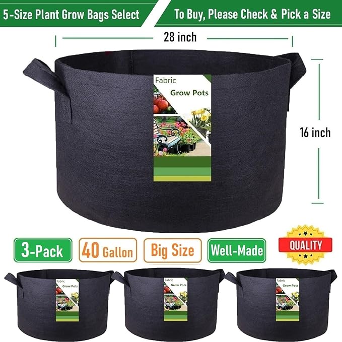 3-Pack 40 Gallon Thickened Plant Grow Bags Large (28x16 in) Heavy Duty Garden Bag Fabric Plant Pots for Potato,Tomato Planter,Herbs Veggies Planting,Flower Pots,Barrel Planter,Yard Waste Bag,Leaf Bags