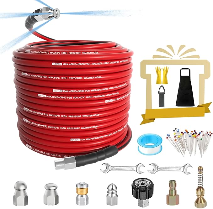 NaiNai 100FT Sewer Jetter Kit for Pressure Washer,1/4 Inch NPT Sewer Jetting Hose,Pressure Washer Drain Cleaner Hose 5800PSI with Sewer Jetter Nozzles, Gloves, Waterproof Tape, Apron (100FT)
