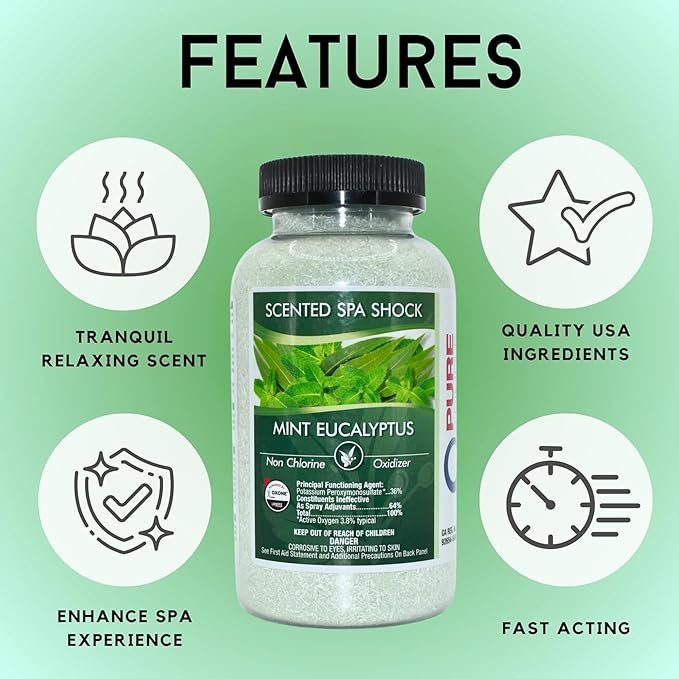 Eucalyptus Scented Spa Shock- Non-Chlorine Shock for Any Spa or Hot Tub-Use with Bromine Tablets or Spa Chlorine. Fragrance Infused Oxygen Crystals Treat Water and Oxidize Chemical Odors