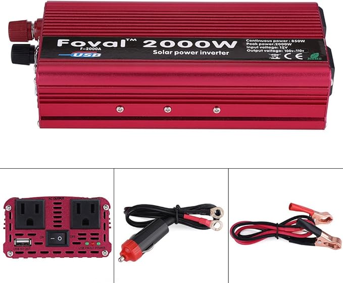 Power Inverters, 2000W DC 12V to 110V Car Converter with 2 AC Outlets & USB Ports for Household Appliance