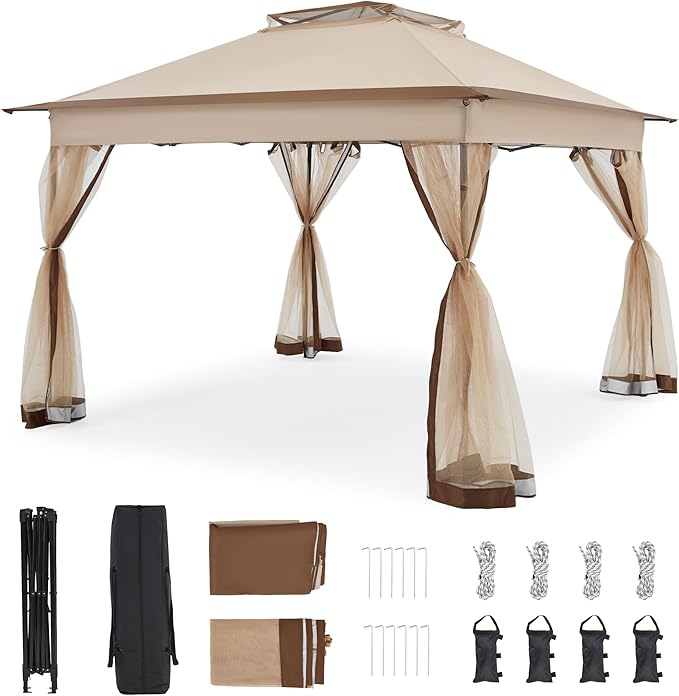 Bezseller 11x11 Pop Up Gazebo Tent with Mosquito Netting – Quick Set Up, Water-Resistant Outdoor Canopy for Patio, Garden, Backyard, and More,Khaki