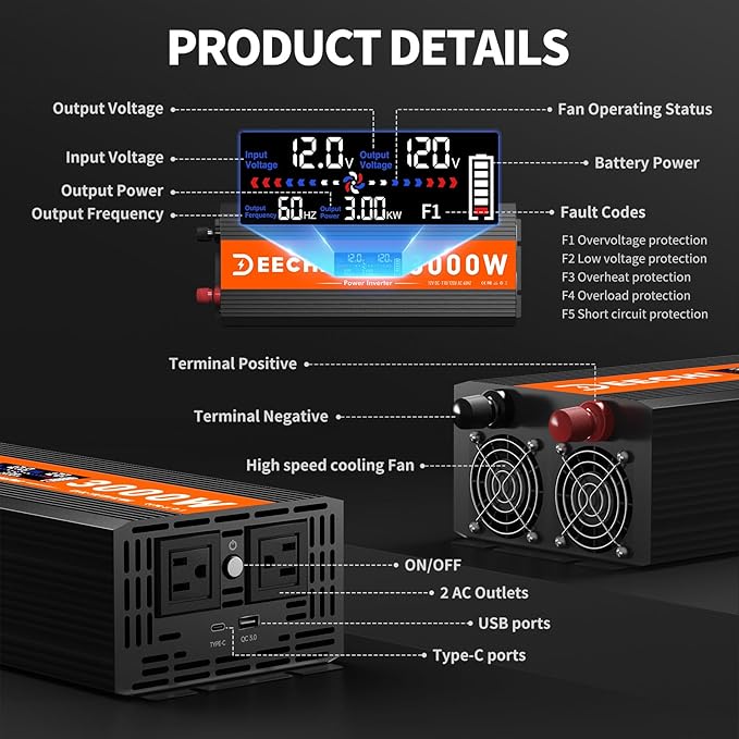3000 Watt Power Inverter Car/Home 12V DC to 110V/120V AC Converter with 2 AC Outlets, USB & Type-C Port Car Inverter Peak Power 6000W for RV,Truck,Off-Grid Solar System with Remote Controller-Orange