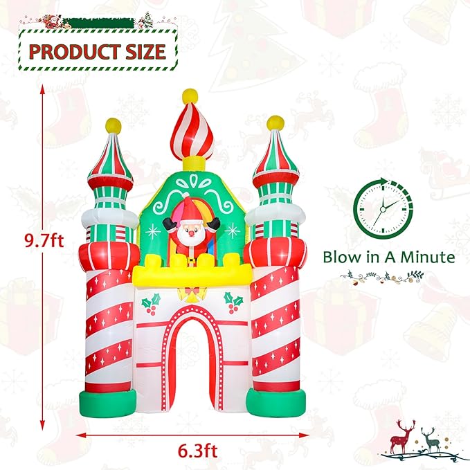MUMTOP 10FT Christmas Inflatables Outdoor Decoration, Castle Christmas Inflatable with Santa Claus and Built-in Led Lights Blow Up Inflatable for Outdoor Party Lawn Garden Decoration