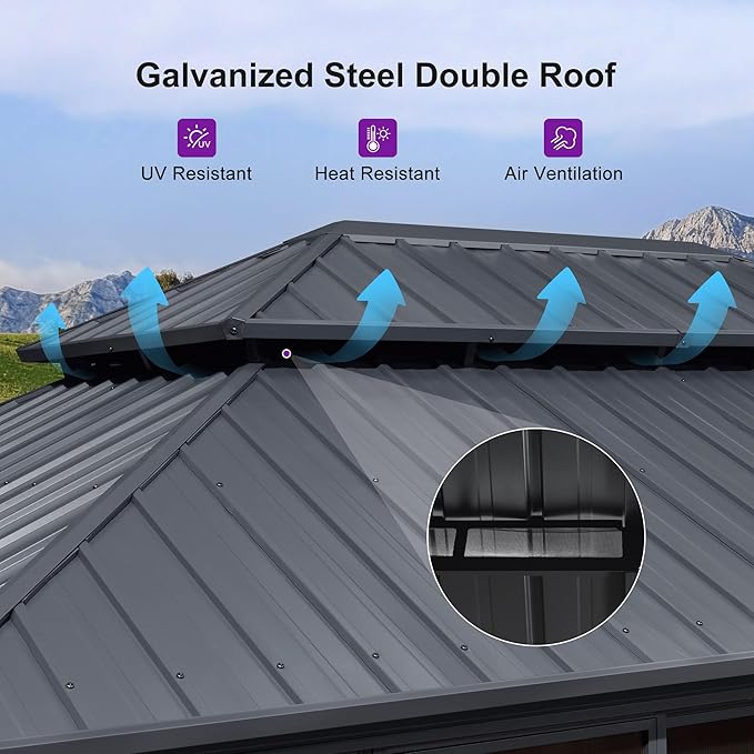 PURPLE LEAF 12' X 16' Solarium Sunroom Permanent Hardtop Screened Gazebo Galvanized Steel Double Roof Aluminum Outdoor Enclosed Gazebo for Hot Tub Lawn Deck Backyard Grey