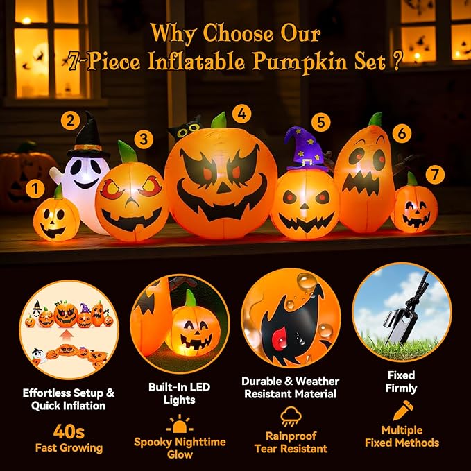 9 FT Halloween Inflatables Pumpkin Outdoor Decorations with Cute Chost Cat and Witch Hat Built-in LEDs Blow Up Pumpkin for Party Yard Lawn Garden Outside Decor