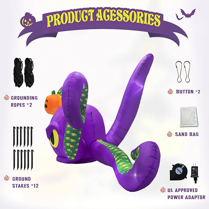 12Ft Halloween Inflatables Giant Octopus Purple Sticky Pumpkin LED Light Blow up Halloween Decor for Carnival Party Store Outdoor Yard Lawn Decorations