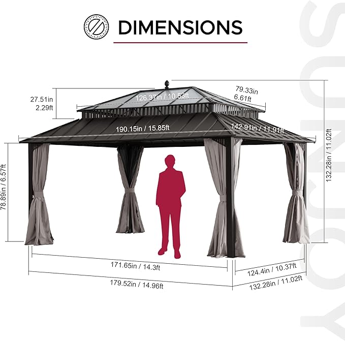 SUNJOY Kingston 16' x 12' Hardtop Gazebo with Galvanized Steel/Polycarbonate Double Roof, Curtain and Netting, Brown Aluminum Posts Permanent Pavilion Gazebo for Garden, Patio, Deck, Lawn