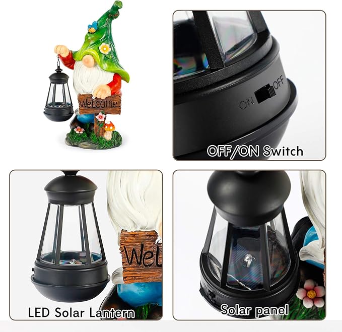 Garden Gnome Statue, Resin Figurine with Bright Solar Lantern Lights and Welcome Sign, Outdoor Solar Illumination Decorations for Indoor Patio Lawn Garden Room,Birthday Housewarming Gift