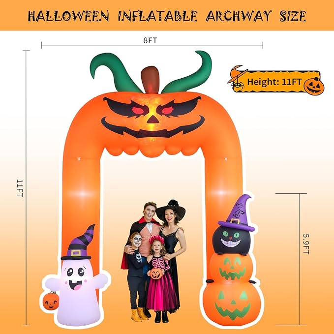 11FT Halloween Inflatable, Giant Halloween Inflatables Archway, Inflatables Blow Up Scary Pumpkin with Ghost and Cat for Lawn Garden Yard Holiday Party Decorations