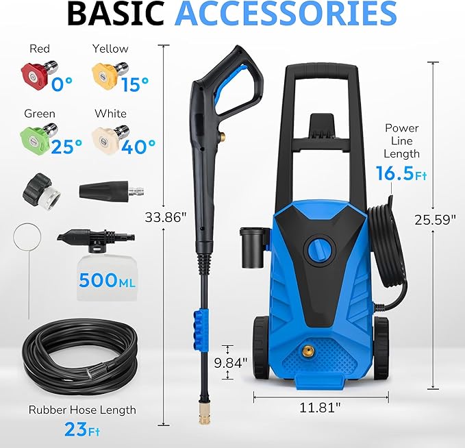 Electric Pressure Washer, 2100 Max PSI 2.0 Max GPM with Anti-Tipping Technology, Onboard Soap Tank, 4-Nozzle Set, for Cars/Fences/Driveways/Home/Patios, Blue