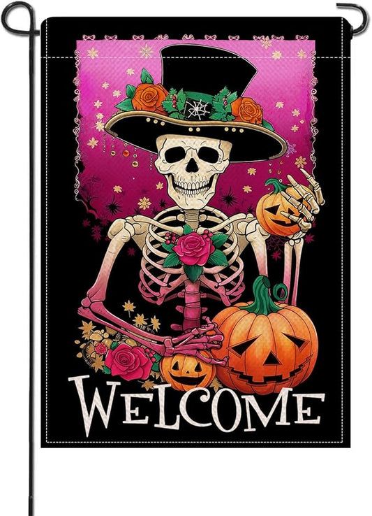 Artofy Welcome Halloween Gothic Skeleton Small Decorative Garden Flag, Pink Horror Skull Jack O Lantern Pumpkin Yard Lawn Outside Decor, Scary Flowers Burlap Outdoor Home Decoration Double Sided 12x18