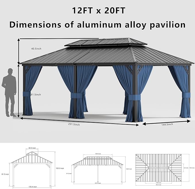 12x20ft Hardtop Gazebo Double Roof, Outdoor Pavilion with 2-Layer Hard top Galvanized Iron Frame Garden Tent, Suitable for courtyards, backyards, Decks, and Grass