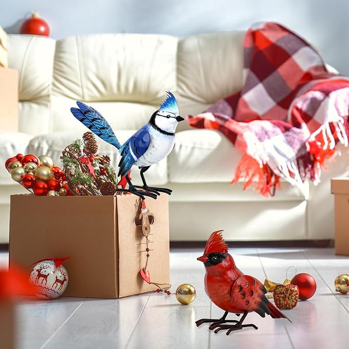 Shorayn Cardinal Decor Garden Statues Metal Bird Yard Art Sculptures,Standing Blue Jay Figurine Outdoor Decoration for Lawn Ornament,Christmas Housewarming Birthday Gifts for Women
