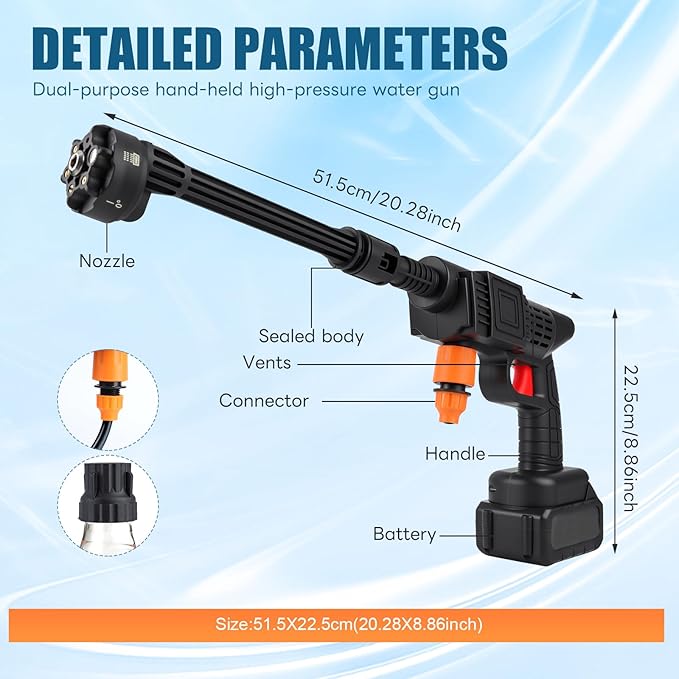 Cordless Pressure Washer with 6-in-1 Nozzle, Portable Water Spray Gun with Foam Cannon, 600PSI Electric Pressure Jet Washer, Battery Powered Car Cleaner Machine for Wall Fence Floor Cleaning (Black)