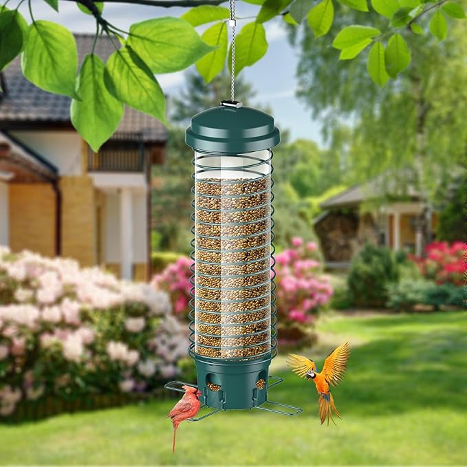 LCSEVEN Bird Feeder for Outdoors Squirrel Proof Bird Feeders for Outside Hanging, Metal Wild Bird Seed Feeders for Bluebird, Cardinal, Finch, Sparrow, Blue Jay, 4 Ports, Chew-Proof, Weather-Resistant