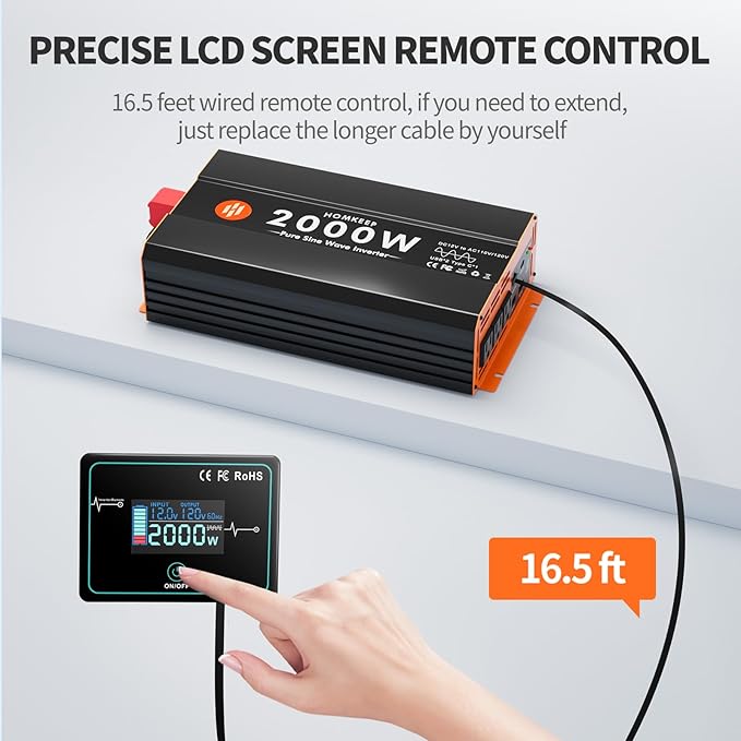 2000W Pure Sine Wave Power Inverter 12V DC to 110V AC Converter Peak Power 4000W for RV Truck Off-Grid Solar Car Inverter with 3 AC Outlets, 2 USB & 1 Type-C Ports, Cables Included, Remote Controller