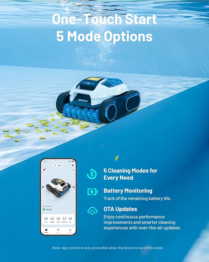 Spino E1 Cordless Robotic Pool Cleaner, 5800 GPH Suction with Triple Brushless Motors, SmartArc Path, 5 Modes, IPX8 Waterproof, 1600 sq.ft Coverage, Auto Waterline Parking, APP Control