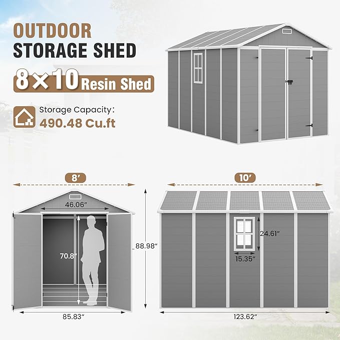 Amopatio 10x8 FT Storage Shed, Resin Outdoor Shed with Floor Included, Plastic Sheds Outdoor Storage for Bike, Garden Tools, Sheds & Outdoor Storage with Lockable Door, Window & Vents, Grey & White