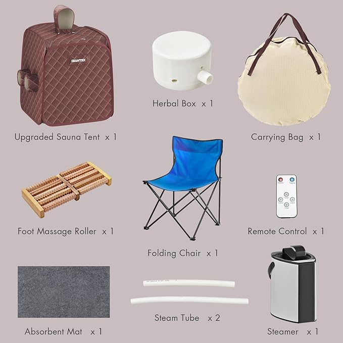 Giantex Portable Folding Sauna, 1 or 2 Person Steam Spa with Remote Control, Folding Chair, Foot Massage Roller, Absorbent Mat, 9 Temperature Levels, 3L Steamer, 800W Home Full Body Spa Tent (Brown)