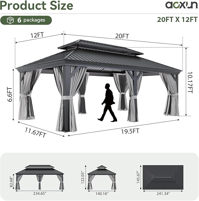 Aoxun 12' X 20' Hardtop Gazebo with Drainage System, Aluminum Outdoor Gazebo with Galvanized Steel Double Roof, Patio Permanent Metal Pavilion with Netting, for Garden, Deck, Grey, Square Foundation