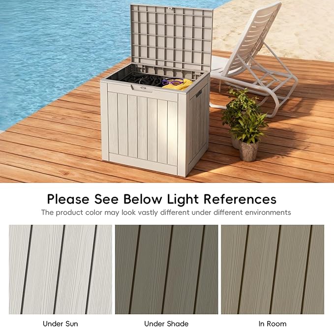 Mars Villa Deck Box, Waterproof Weatherproof and UV Resistant Resin Storage Bin with Lockable Lid, Ideal for, Outdoor, Patio Furniture Cushions, Pool Supplies, Garden Tools (31 Gallon, Light Brown)