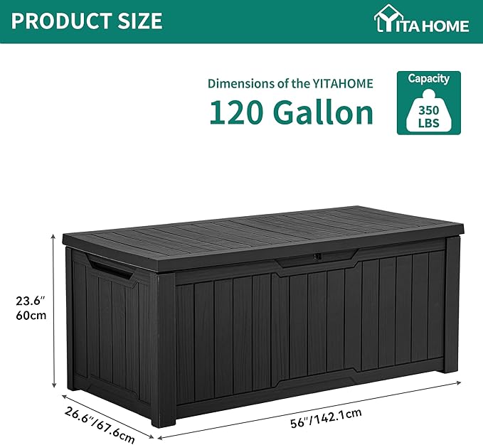 YITAHOME 120 Gallon Resin Deck Box, Weather Resistant Outdoor Storage Box for Patio Cushions, Garden Tools, Pool Supplies, Lockable, Easy With Tool Assembly, Extra Seat or Table (Black)