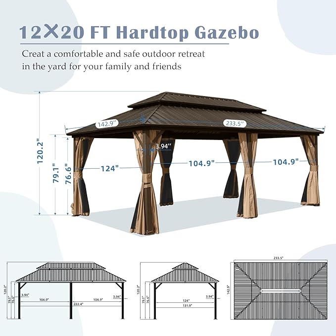 Domi 12' x 20' Hardtop Gazebo Permanent Metal Gazebo with Galvanized Steel Double Roof, Curtains and Netting for Party, Wedding, Outdoor Dining, Patio, Backyard, Brown