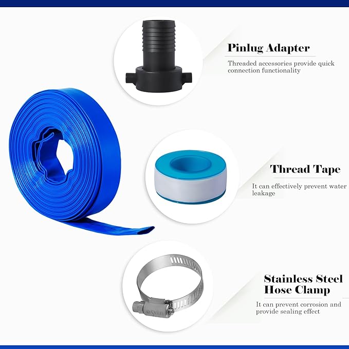 Eastrans 2 in x 50 ft Pool Backwash Hose Kit with Female NPT Adapter,Heavy Duty Discharge Pump Hose for Swimming Pool,Reinforced Pool Drain Hose with 2 Clamps and Thread Seal Tape,6 Bar