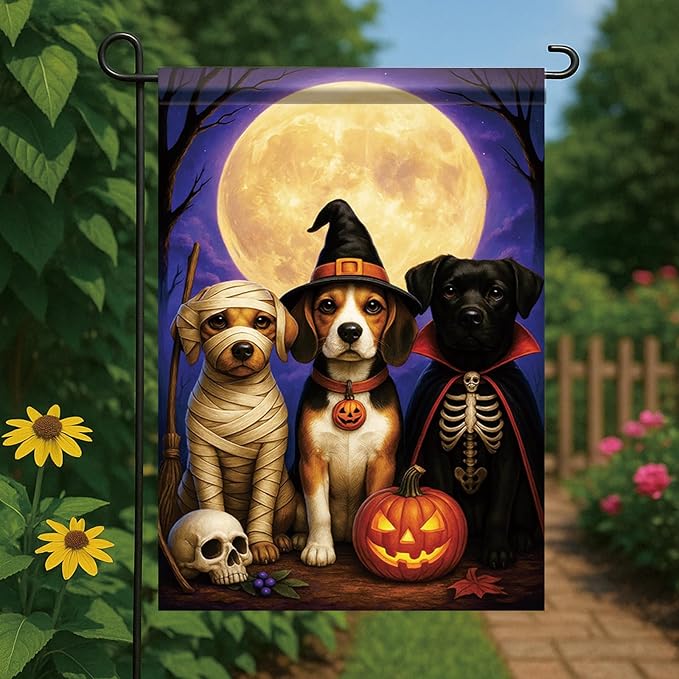 Halloween Fall Garden Flag Dog Costume Flag 12x18 Inch Double-Sided Beagle Labrador Mummy Skeleton Witch Pumpkin Yard Banner Autumn Outdoor Decor Porch Lawn Pathway Dog Lover Gift
