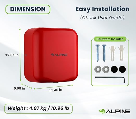 Alpine Automatic Hand Dryers for Bathrooms Commercial High Speed 110-120V Stainless Steel Electric Hand Dryer, Plug In & Hardwire Options with Air Filter, ADA & UL Compliant & 5 Years Coverage (Red)
