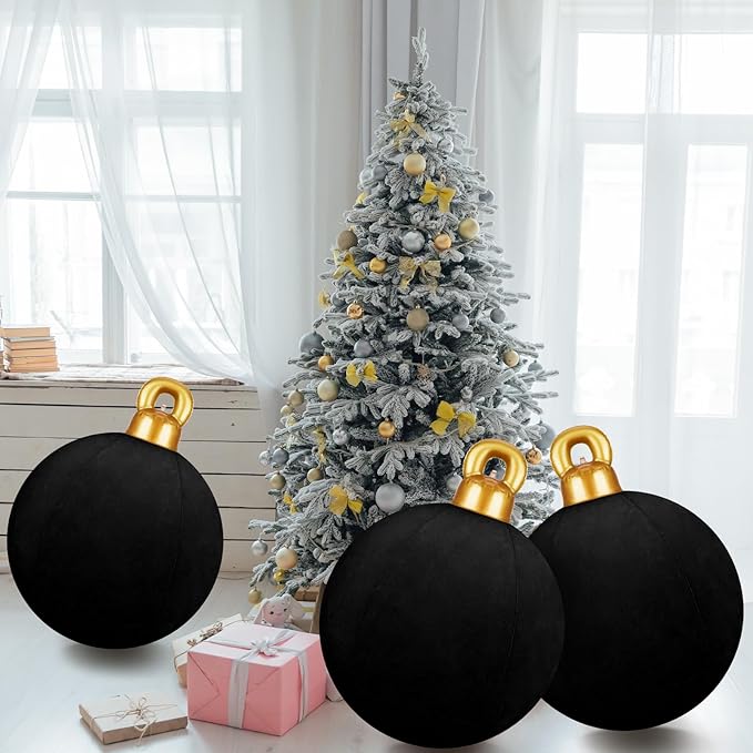 Jetec 3 Pcs 32 Inch Giant Velvet Christmas Inflatable Balls Ornament Flocked Xmas PVC Inflatable Flocked Ball Ornaments for Christmas Holiday Outdoor Blow up Yard Decor(Black)