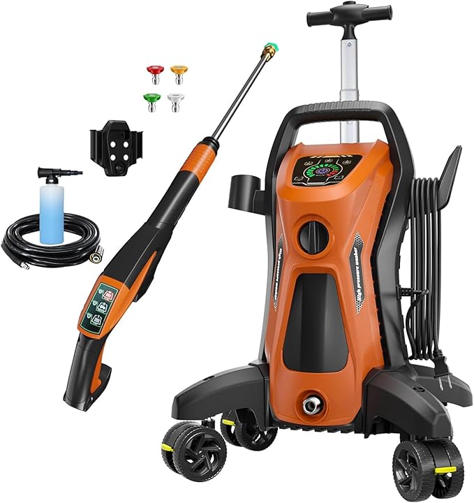 Pressure Washer 5000PSIIMAX Touch Screen Adjustable Pressure with Anti-Tipping Technolog, Spray Handle Smart Control, 5-Nozzle Set, for Cars//Home/Patios, Orange
