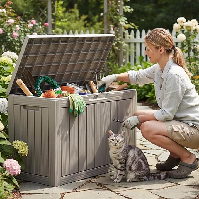 45 Gallon Deck Box, Small Outdoor Storage Box Waterproof, UV-Resistant and Weatherproof Outside Resin Storage Bin for Outdoor Patio Furniture Pillows, Pool Supplies, Garden Tools, Light Brown