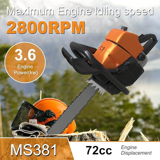 380 Gas Chainsaw, 72cc 2-Cycle 3.6KW 4.8HP Power Chain Saw with 24 Inch Alloy Bar, OEM Code F380W, Replacement For Stihl MS381, MS380, 038, NS872, Heavy Duty Logging