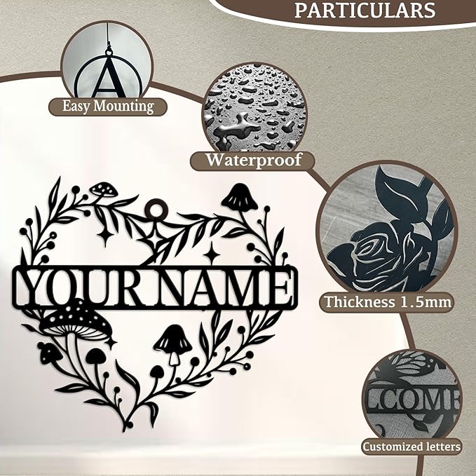 Personalized Customize Name Fantasy Mushroom Wonderland Wind Chime, Metal Iron 37 Inch Outdoor Memorial Gift for Garden Yard Patio Home Decor, Black (Style F)