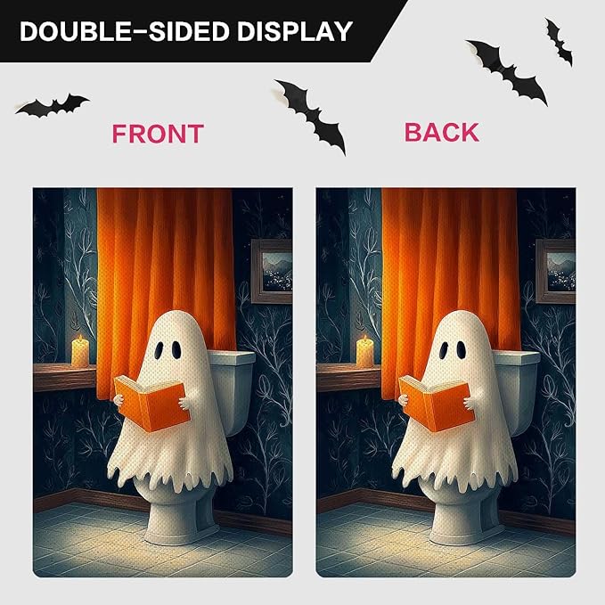 Vintage Cute Ghost Reading on Toilet Garden Flag Halloween Holiday Garden Flag Vertical Double Sided Rustic Farmland Burlap Yard Lawn Outdoor Decor 12.5x18"