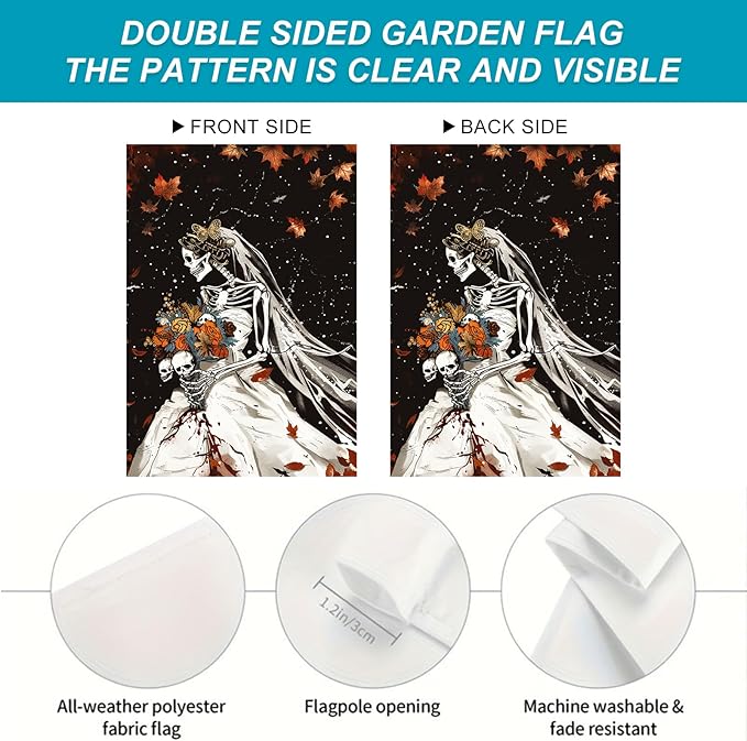 Halloween Horror Garden Flag 12x18 Inch Bloody Skeleton Bride Skull Flower Bouquet Flag Outdoor Yard Decoration House Banner Porch Lawn Patio Home Decor