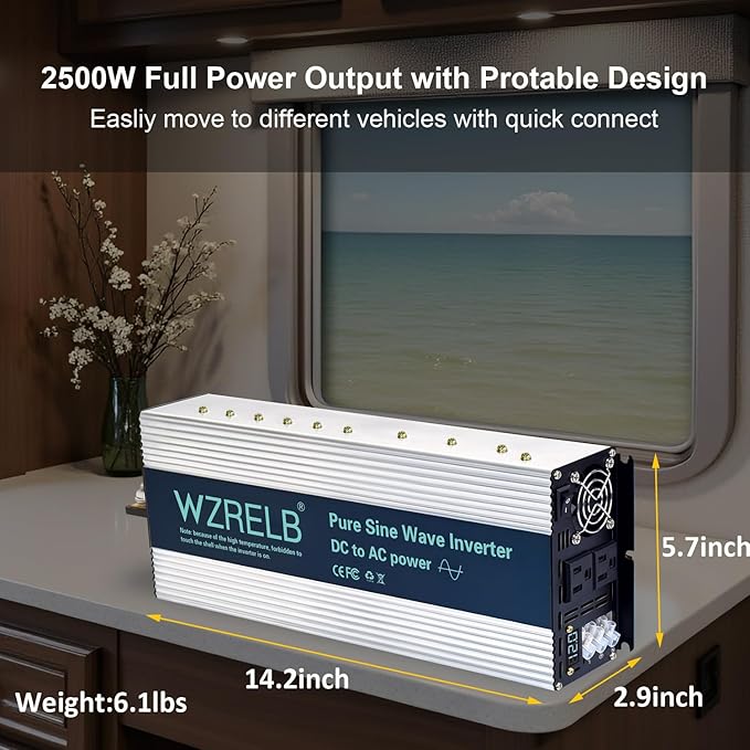 WZRELB 3000W Pure Sine Wave Inverter, Car Power Inverter 36V DC to 110V 120V AC Converter for RV, Truck, Solar, Outdoor with Dual AC Outlets, Hardwire Port, Surge 6000W, LED Display,Off-Grid